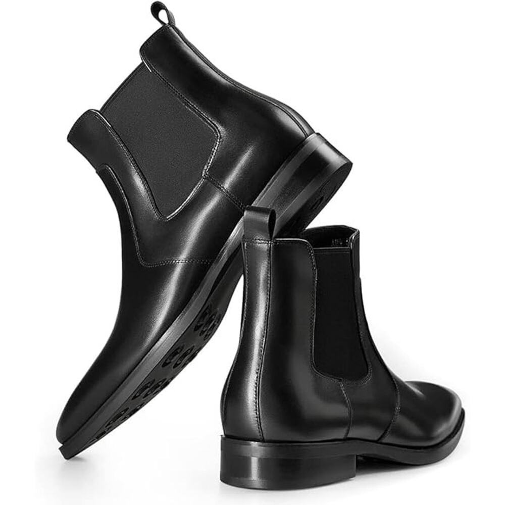 Mens Real Leather Pointy Toe Cuban Heel Chelsea Ankle Boots Dress Shoes British